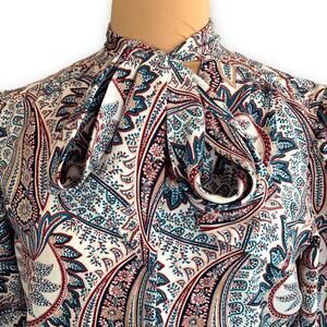 Vintage 80s Blouse Tie Neck Burgundy Paisley Long Puff Sleeve Boho Retro Large